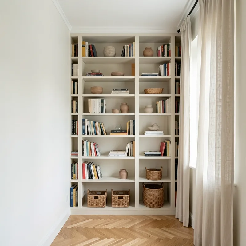 Bibliothèque blanche toute hauteur intégrée au mur d un séjour étroit