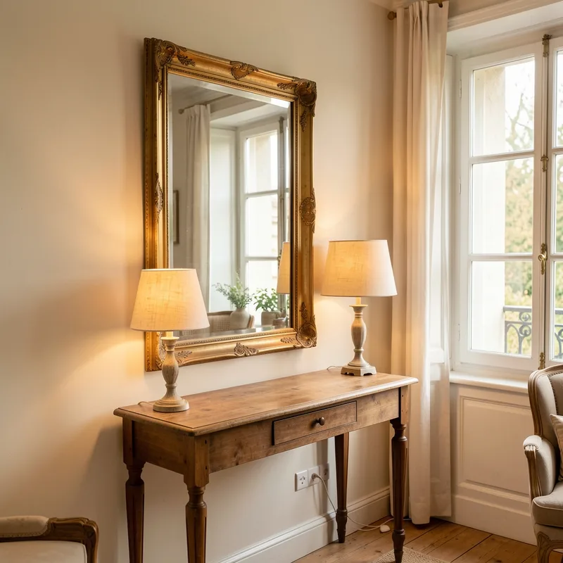 Miroir ancien au cadre doré reflétant la lumière d une fenêtre dans un petit séjour