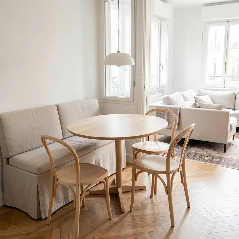 Coin repas avec table ronde et banquette murale délimité par un tapis dans un séjour clair