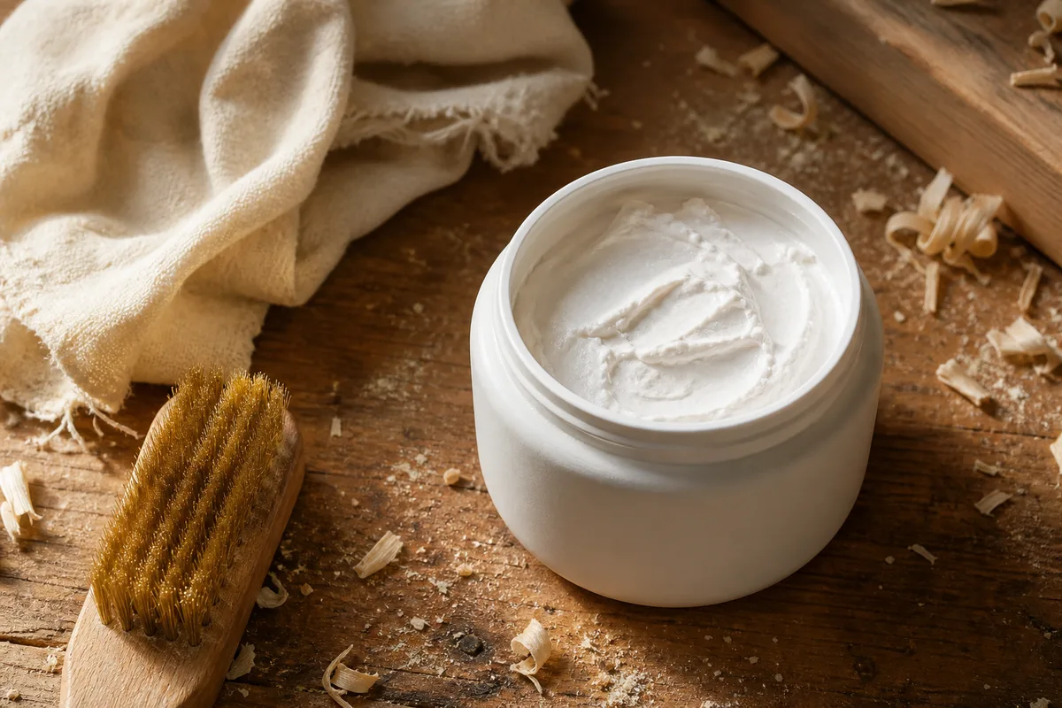 Pots de pâte à céruser blanche et brosse en laiton posés sur un établi en chêne