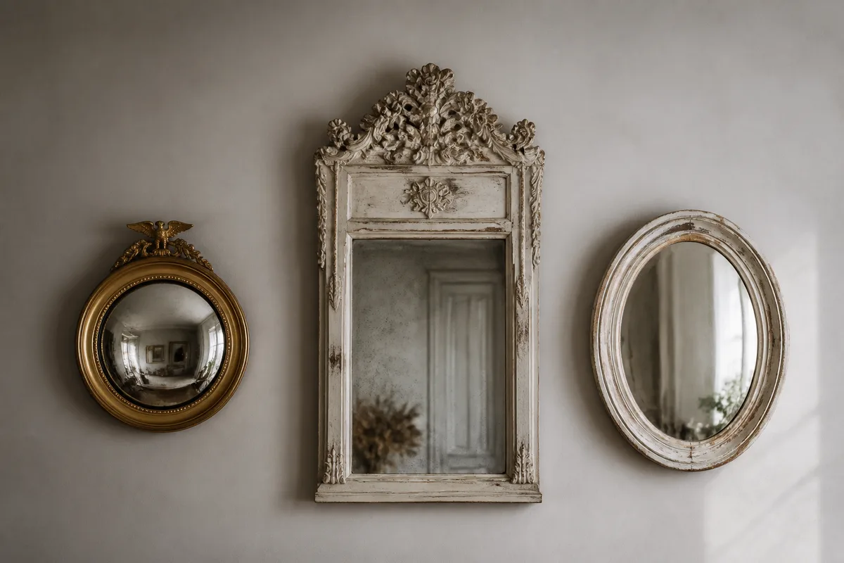 Trois miroirs anciens accrochés sur un mur clair dans un intérieur français