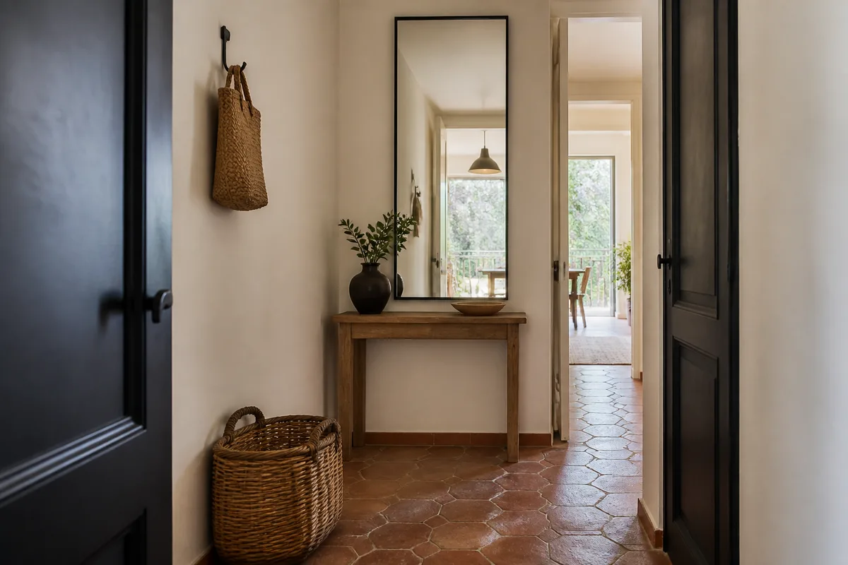 Miroir vertical accroché dans une entrée claire au dessus d une console en bois