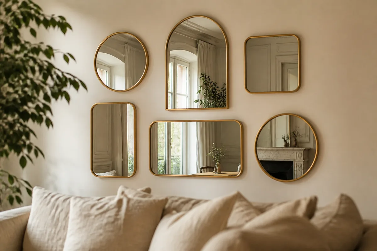 Composition murale de plusieurs miroirs ronds et rectangulaires dans un salon lumineux
